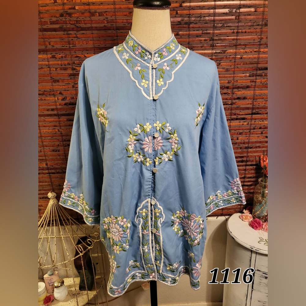 Floral Embroidered Blue Women's Top